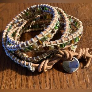 Handcrafted Boho 4 times Wrap Leather &Glass Beaded Bracelet. 30” long 3/8” wide
